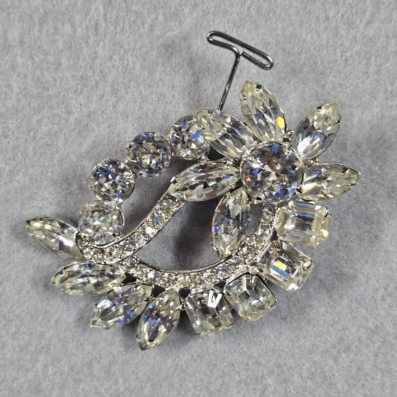 Eisenberg Jewelry - Vintage Eisenberg Rhinestone Brooch Silver Tone Floral Wreath Signed Mid Century